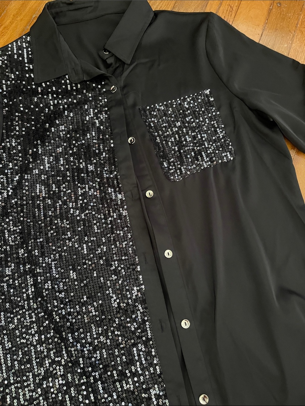 NWOT - Black Sequin-Accent Long Button up Dress or Shirt - Picture 4 of 4